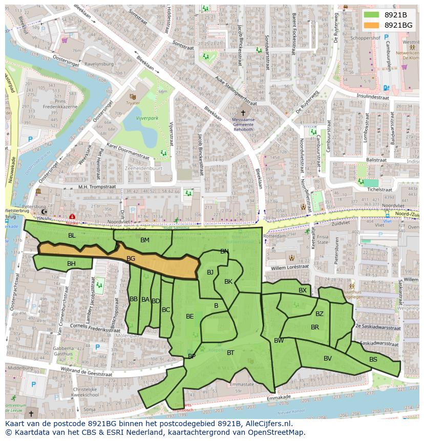 Afbeelding van het postcodegebied 8921 BG op de kaart.