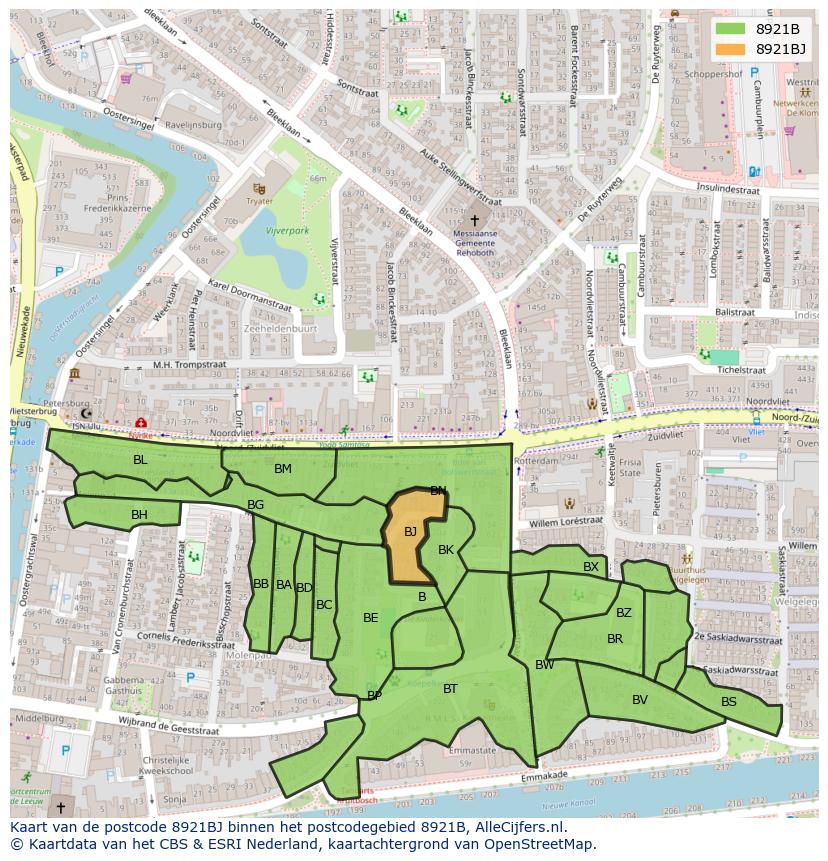 Afbeelding van het postcodegebied 8921 BJ op de kaart.
