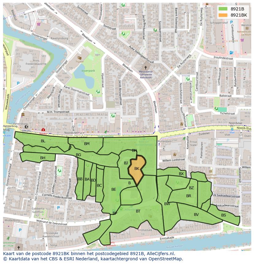 Afbeelding van het postcodegebied 8921 BK op de kaart.