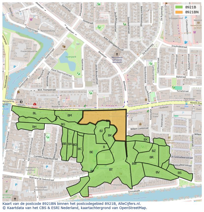 Afbeelding van het postcodegebied 8921 BN op de kaart.