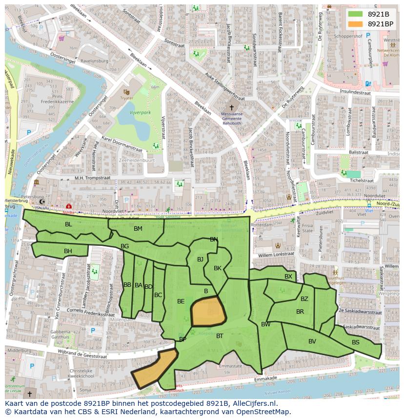 Afbeelding van het postcodegebied 8921 BP op de kaart.