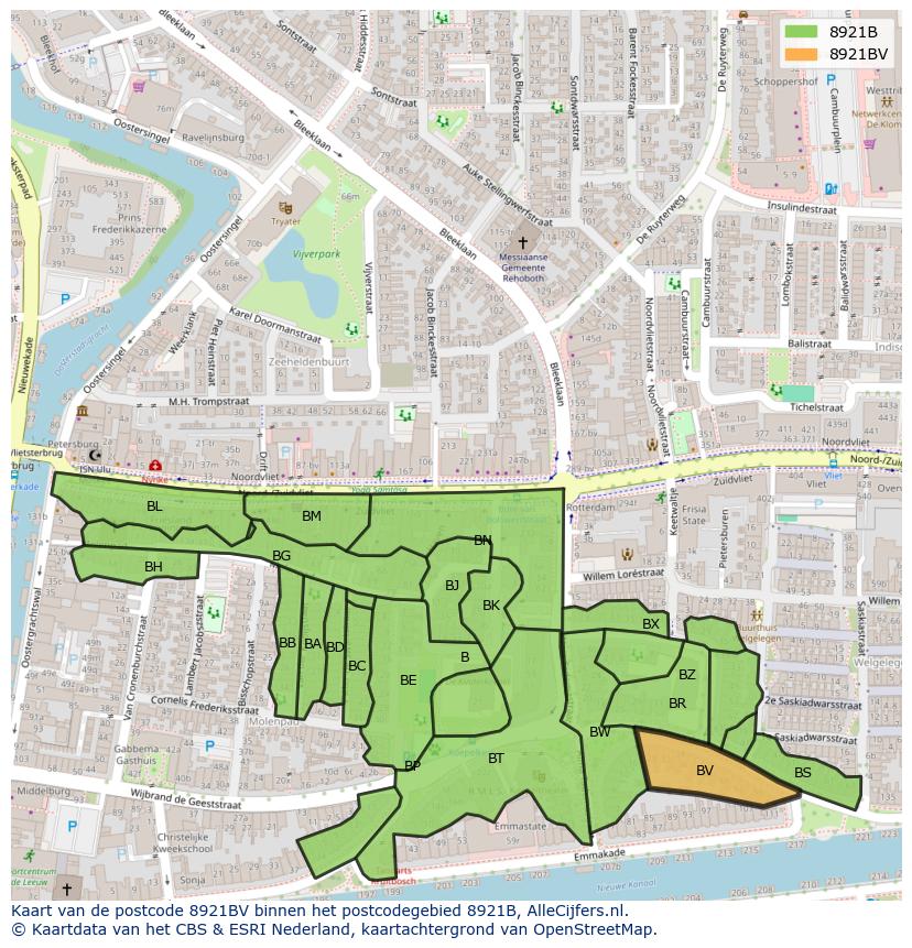 Afbeelding van het postcodegebied 8921 BV op de kaart.