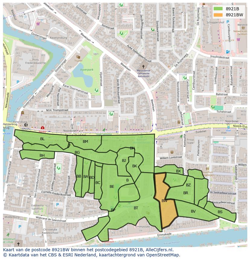 Afbeelding van het postcodegebied 8921 BW op de kaart.