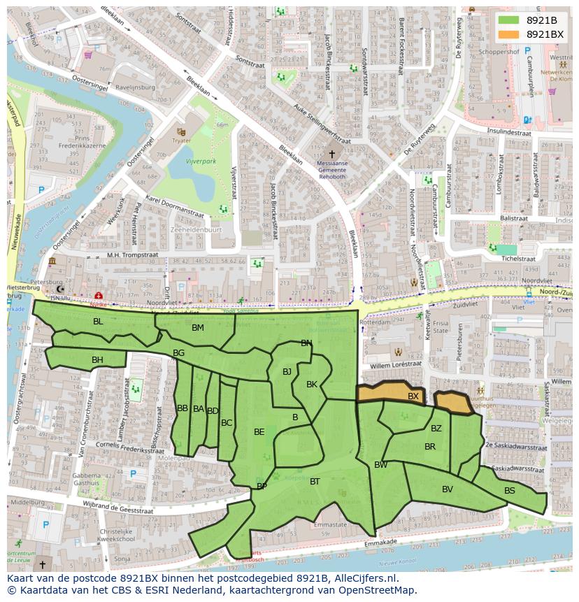 Afbeelding van het postcodegebied 8921 BX op de kaart.