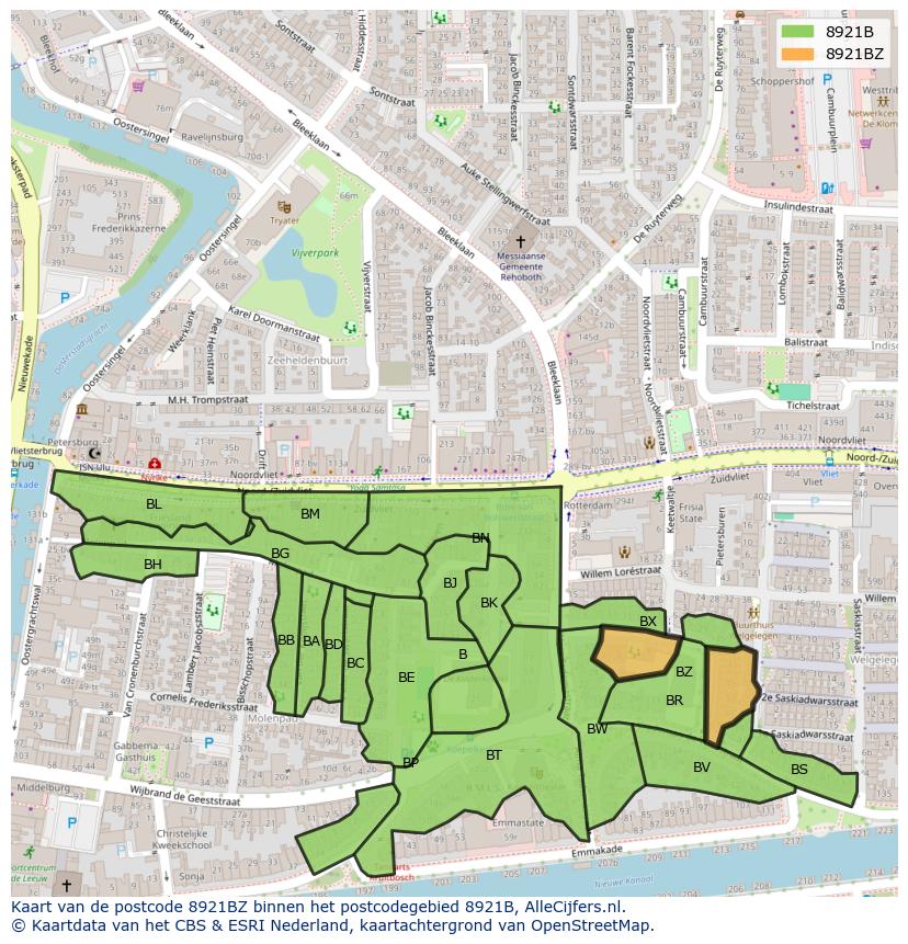 Afbeelding van het postcodegebied 8921 BZ op de kaart.