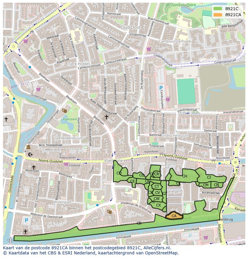 Afbeelding van het postcodegebied 8921 CA op de kaart.