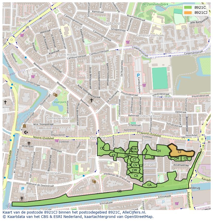 Afbeelding van het postcodegebied 8921 CJ op de kaart.
