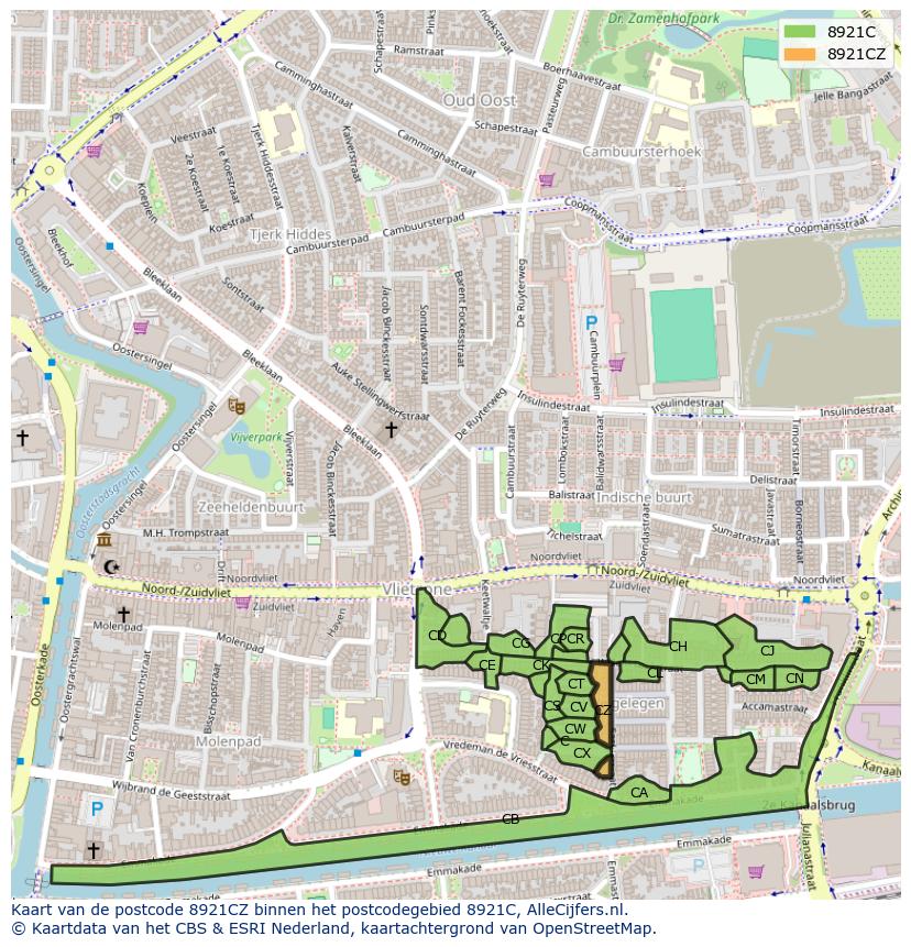 Afbeelding van het postcodegebied 8921 CZ op de kaart.