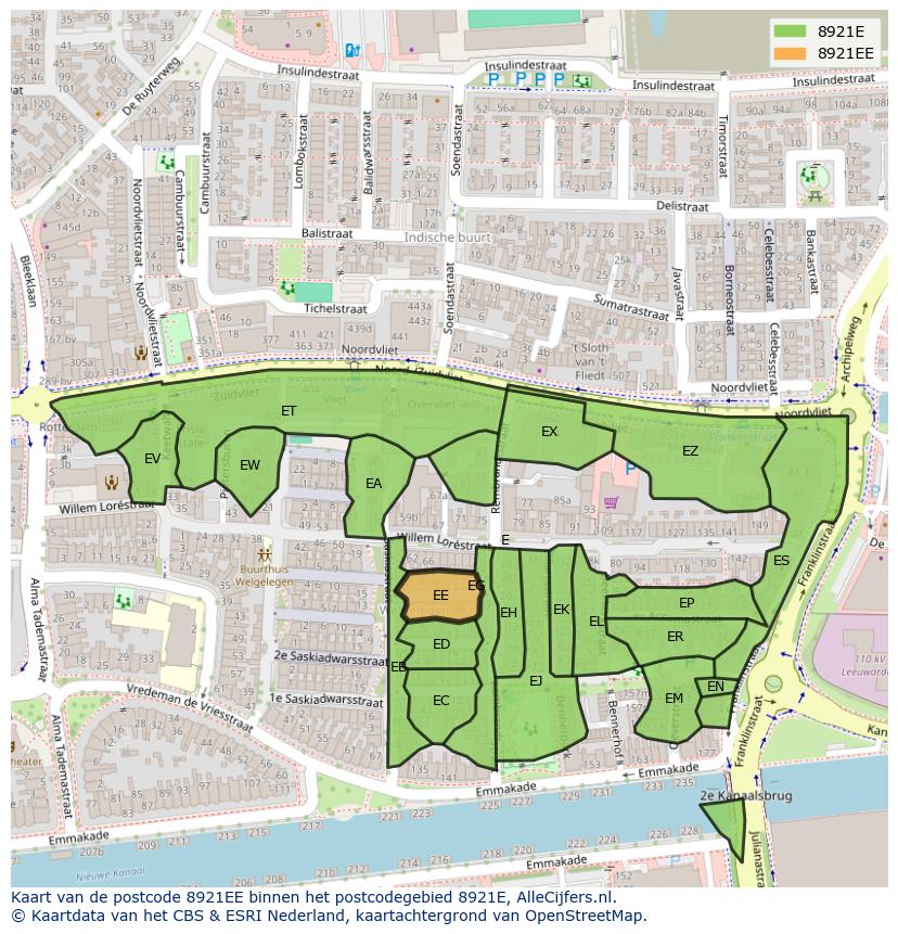 Afbeelding van het postcodegebied 8921 EE op de kaart.