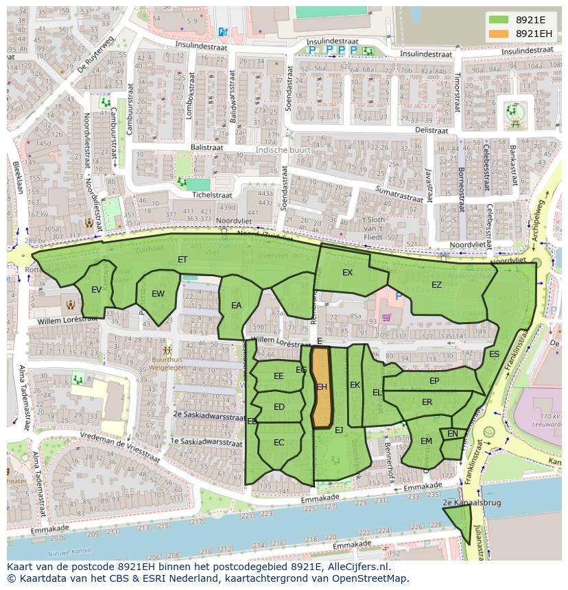 Afbeelding van het postcodegebied 8921 EH op de kaart.