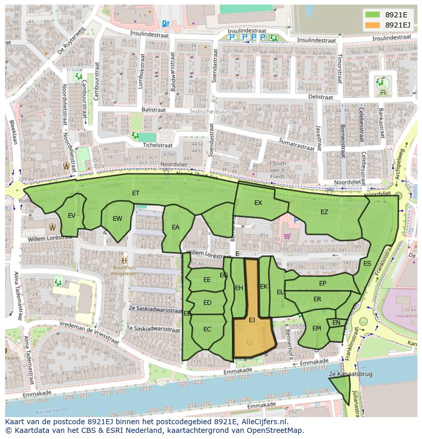 Afbeelding van het postcodegebied 8921 EJ op de kaart.