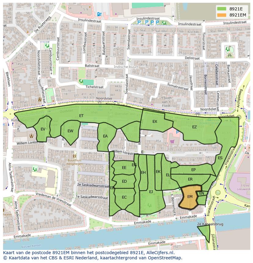 Afbeelding van het postcodegebied 8921 EM op de kaart.