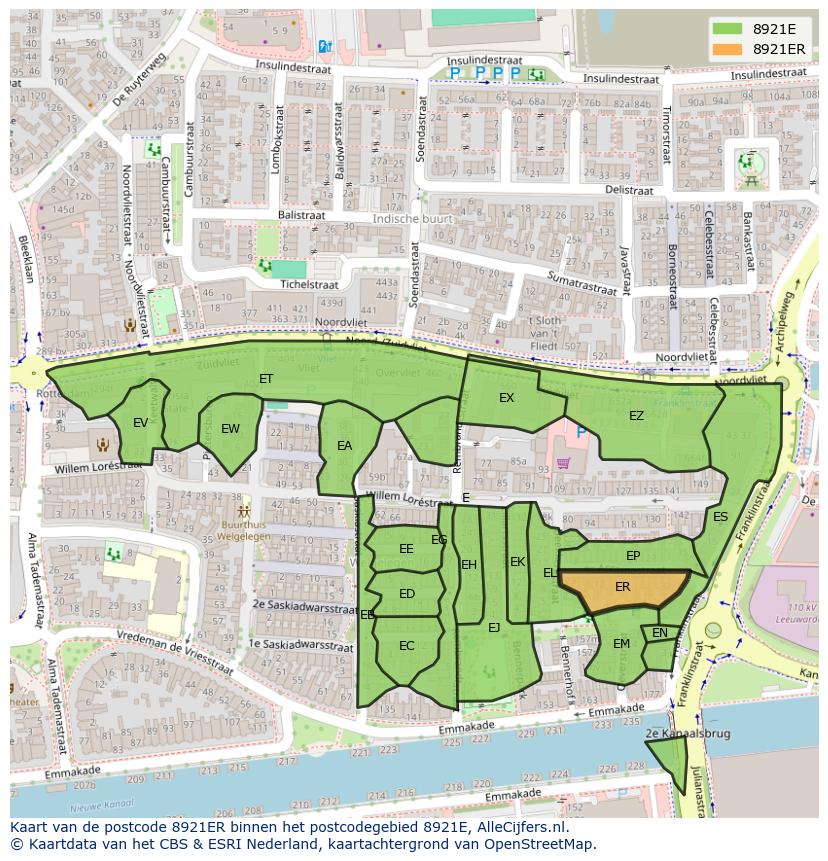 Afbeelding van het postcodegebied 8921 ER op de kaart.