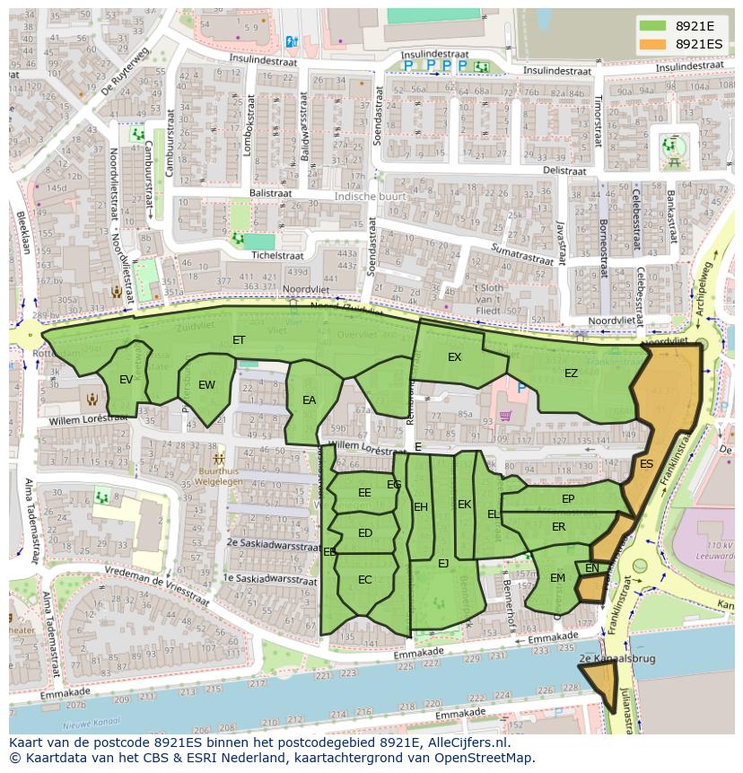 Afbeelding van het postcodegebied 8921 ES op de kaart.