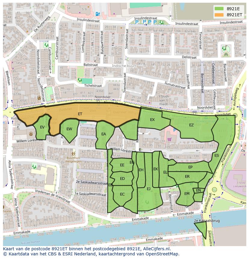Afbeelding van het postcodegebied 8921 ET op de kaart.