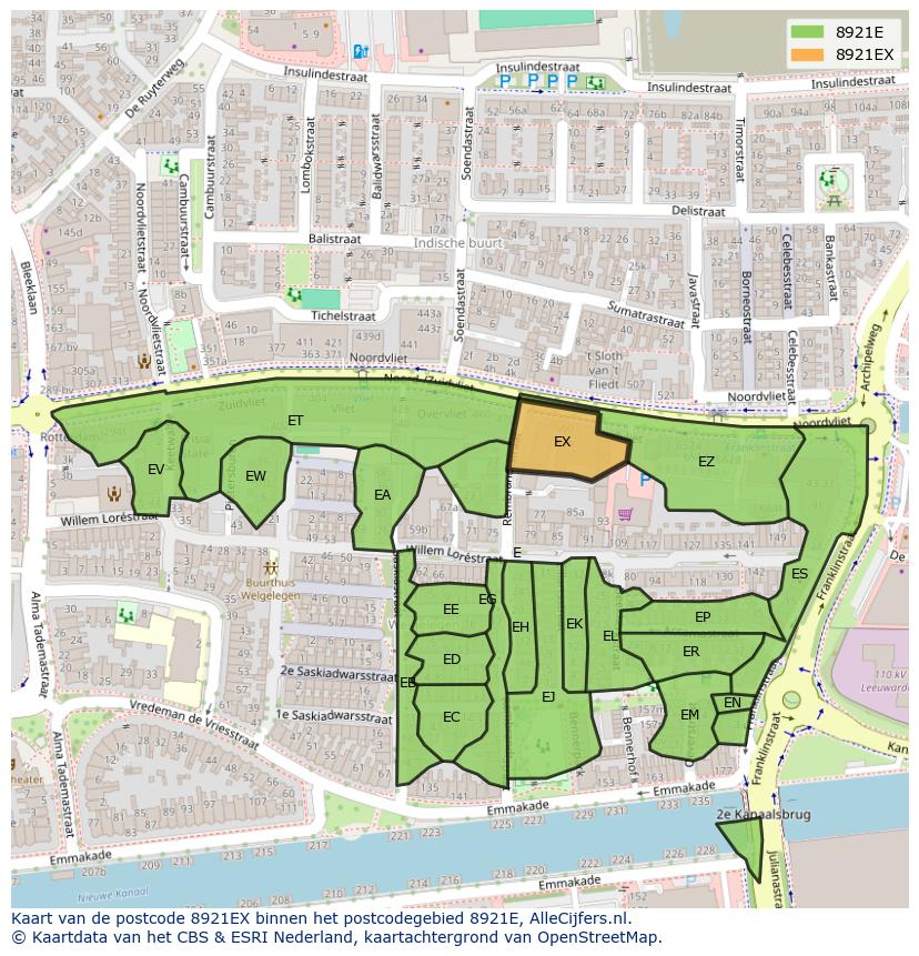 Afbeelding van het postcodegebied 8921 EX op de kaart.