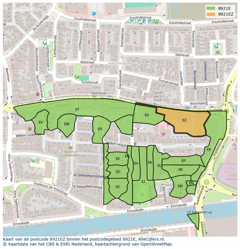 Afbeelding van het postcodegebied 8921 EZ op de kaart.