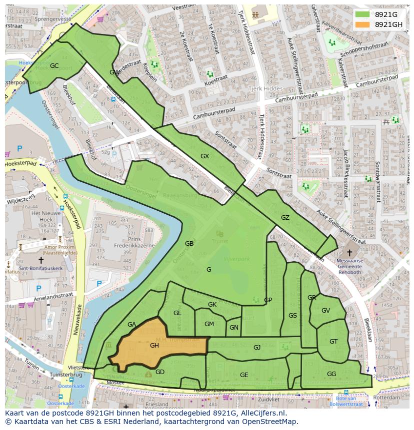 Afbeelding van het postcodegebied 8921 GH op de kaart.