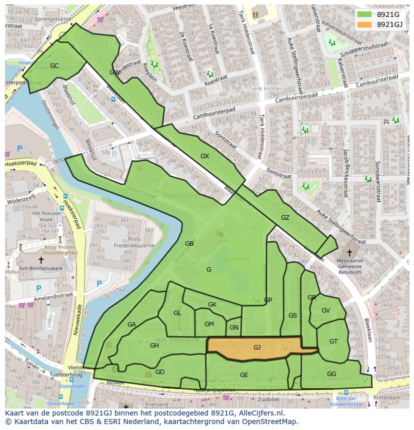 Afbeelding van het postcodegebied 8921 GJ op de kaart.