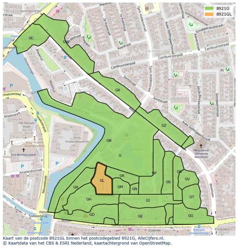 Afbeelding van het postcodegebied 8921 GL op de kaart.