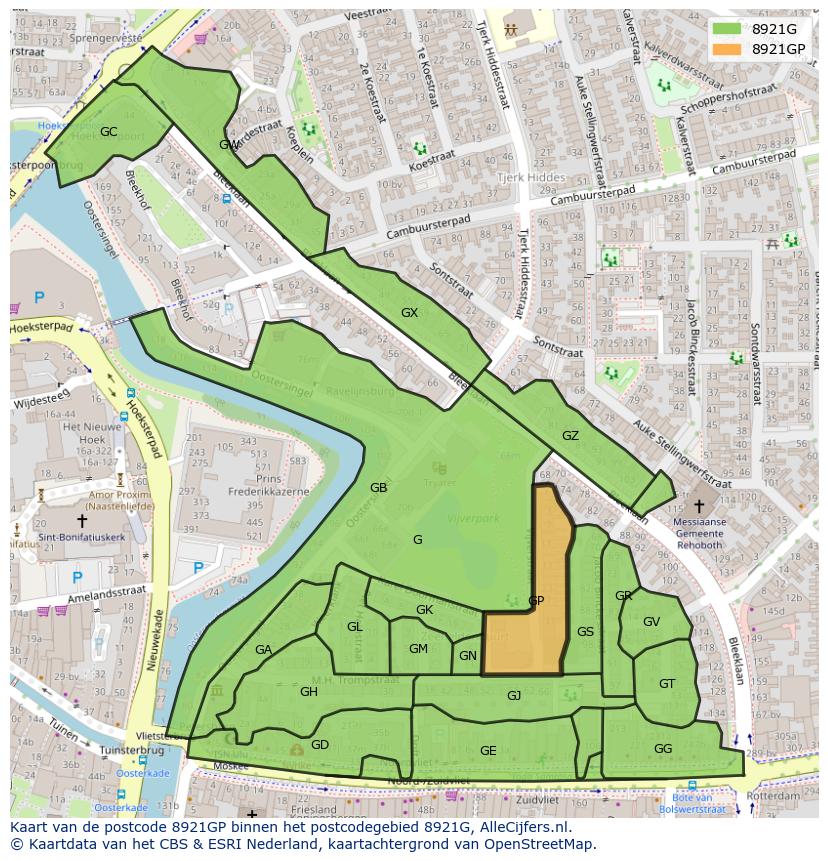 Afbeelding van het postcodegebied 8921 GP op de kaart.