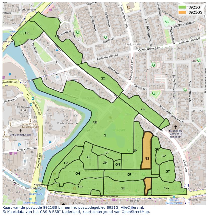 Afbeelding van het postcodegebied 8921 GS op de kaart.
