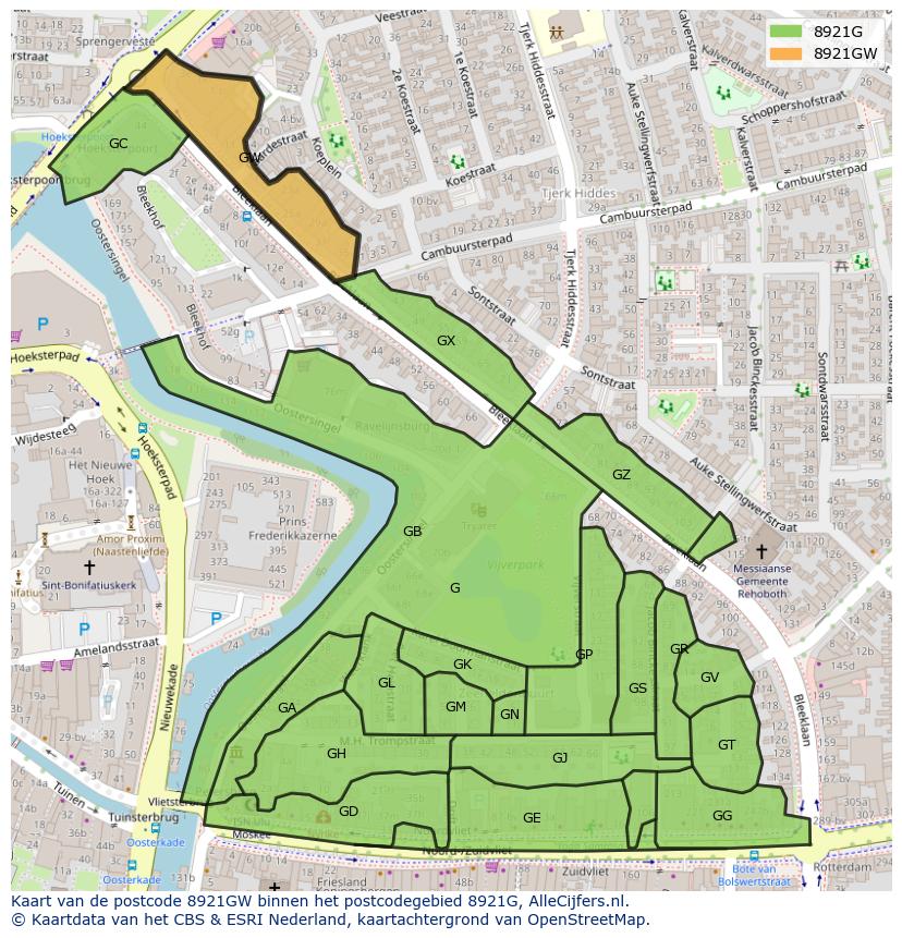 Afbeelding van het postcodegebied 8921 GW op de kaart.