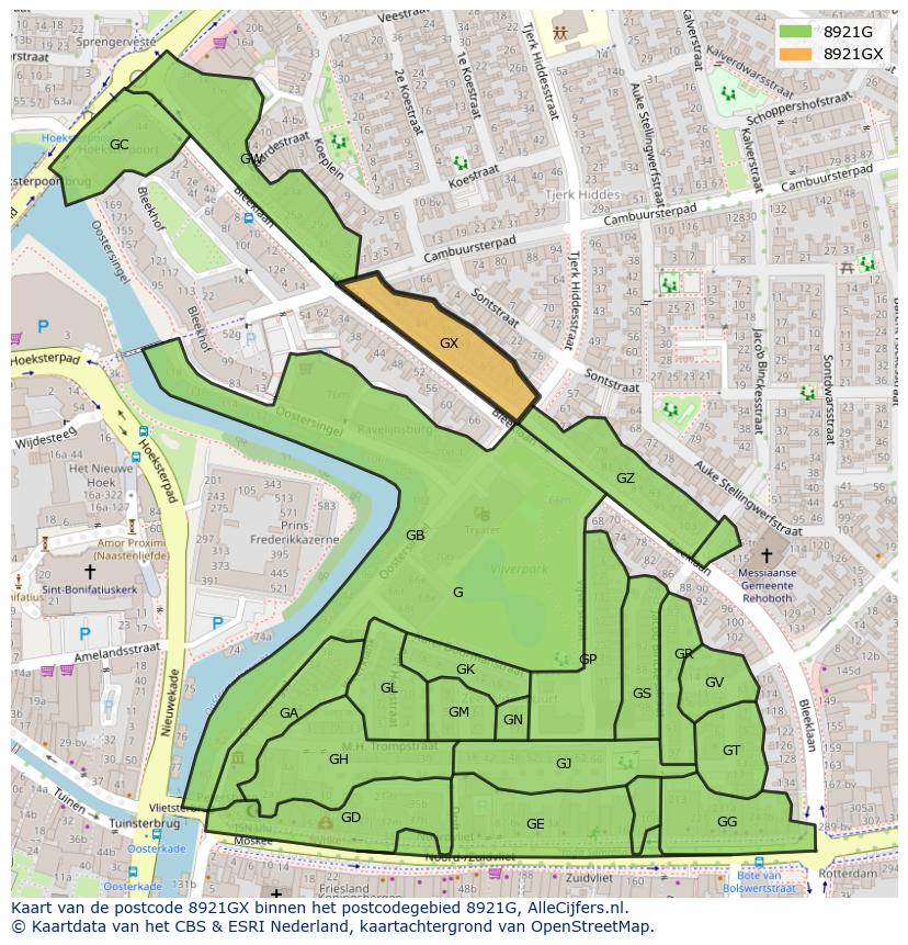 Afbeelding van het postcodegebied 8921 GX op de kaart.