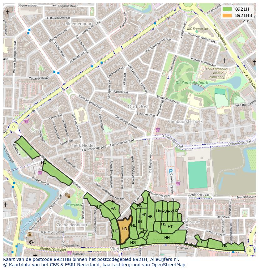 Afbeelding van het postcodegebied 8921 HB op de kaart.