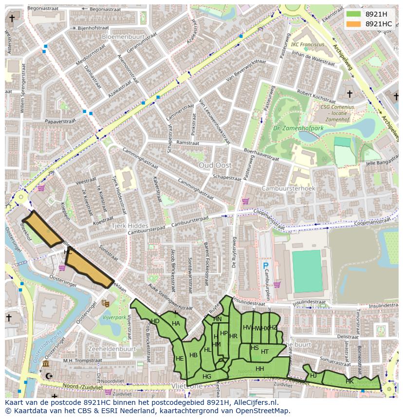 Afbeelding van het postcodegebied 8921 HC op de kaart.