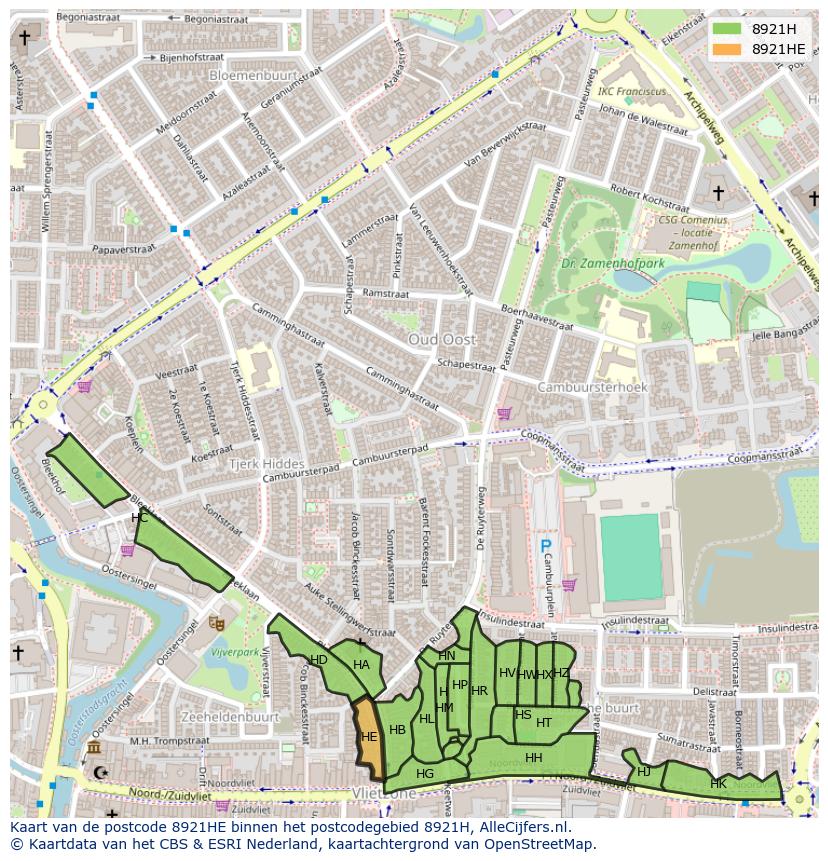 Afbeelding van het postcodegebied 8921 HE op de kaart.