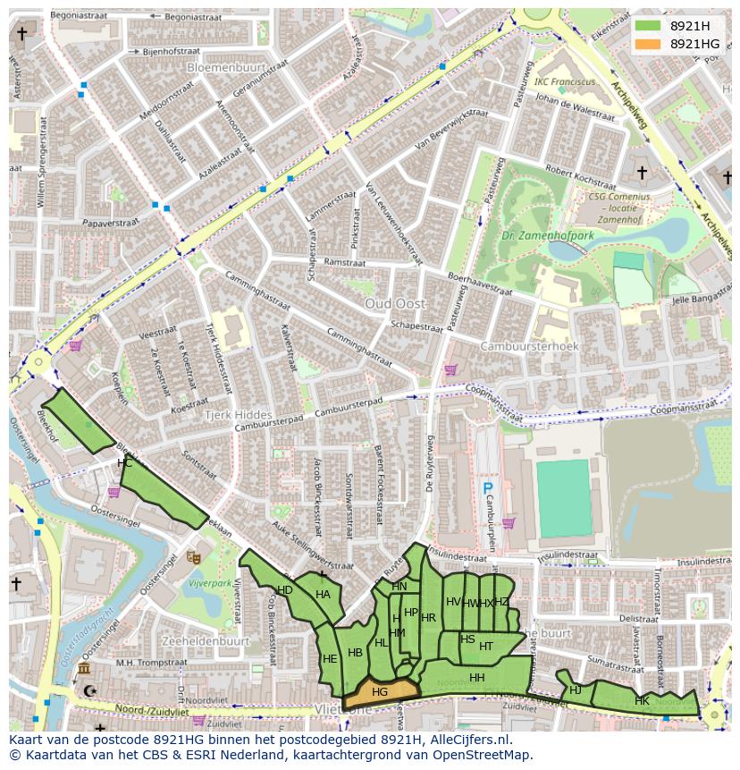Afbeelding van het postcodegebied 8921 HG op de kaart.