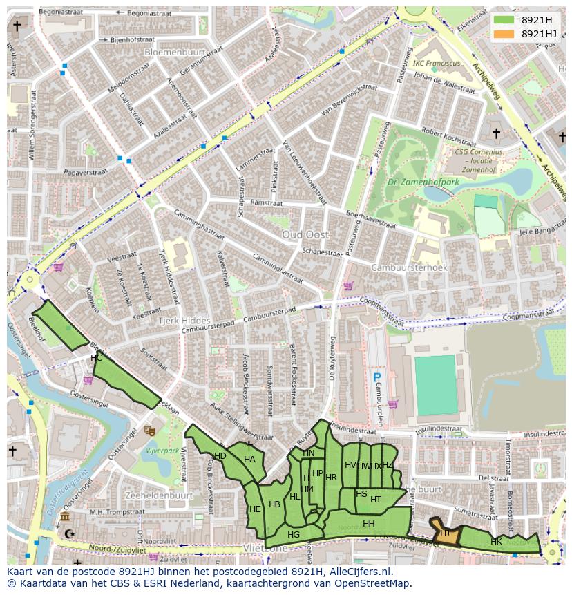 Afbeelding van het postcodegebied 8921 HJ op de kaart.