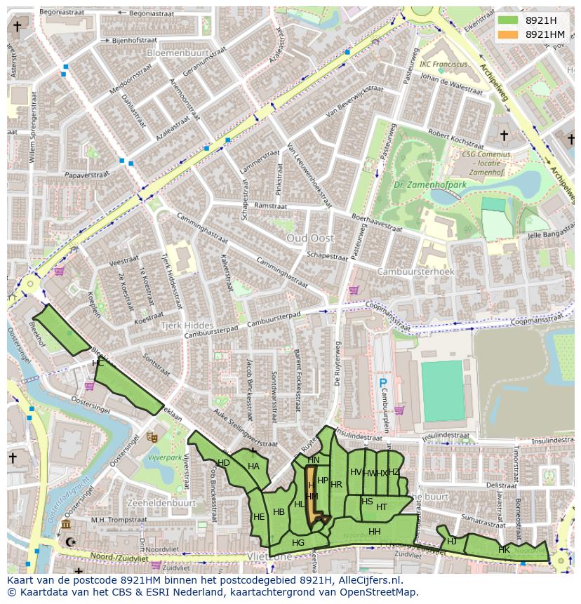 Afbeelding van het postcodegebied 8921 HM op de kaart.