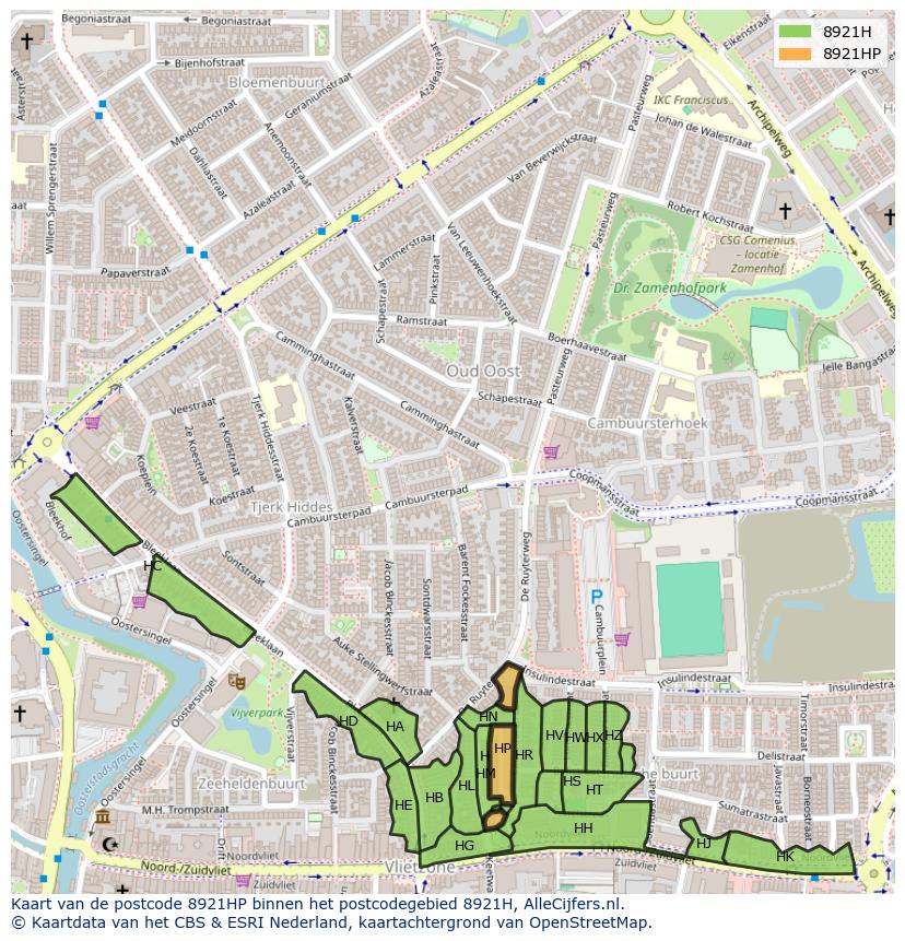 Afbeelding van het postcodegebied 8921 HP op de kaart.