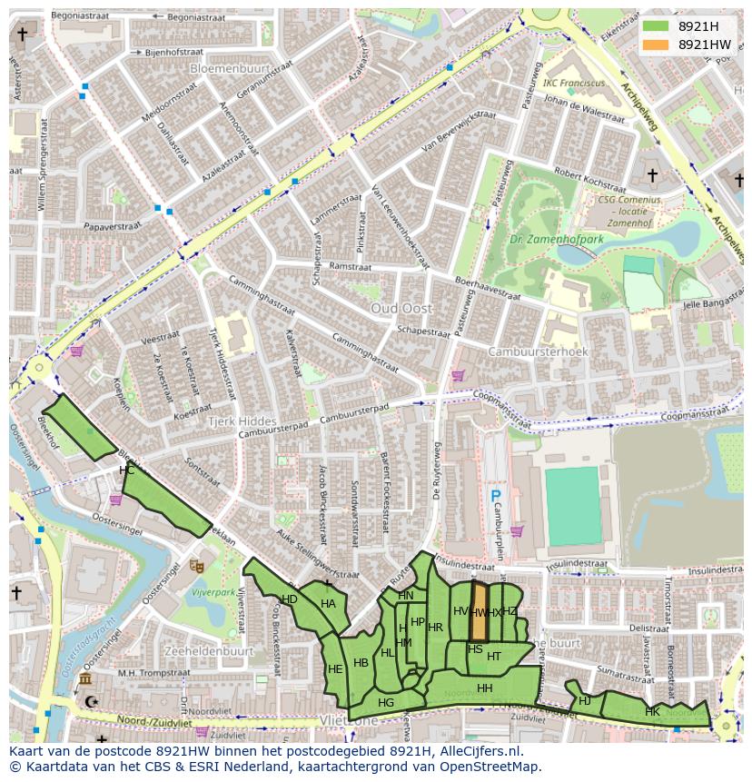 Afbeelding van het postcodegebied 8921 HW op de kaart.