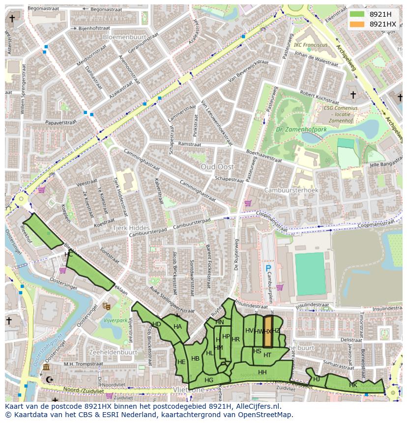 Afbeelding van het postcodegebied 8921 HX op de kaart.