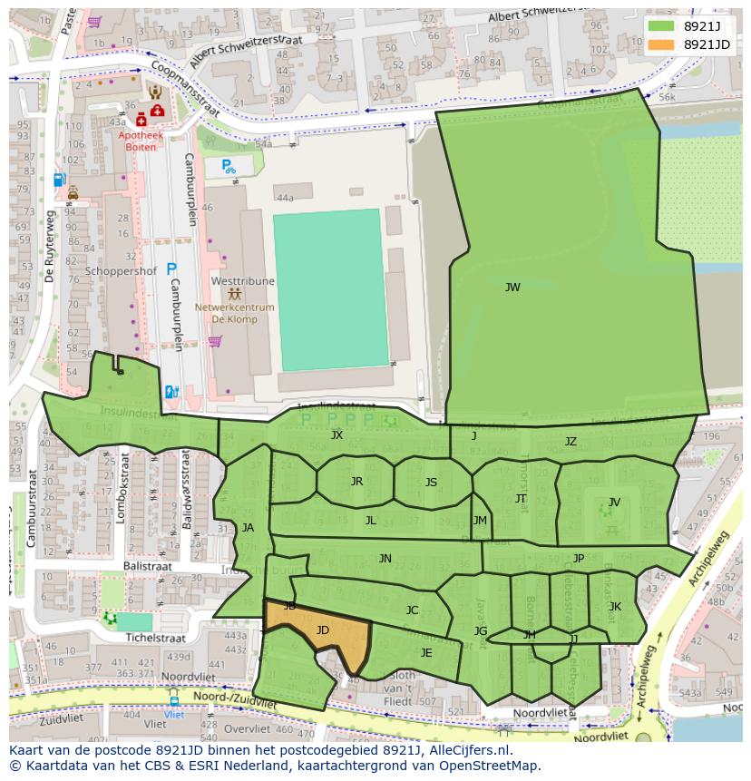Afbeelding van het postcodegebied 8921 JD op de kaart.