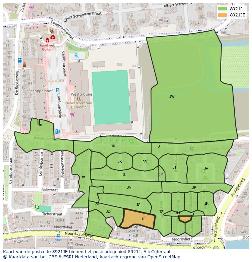 Afbeelding van het postcodegebied 8921 JE op de kaart.