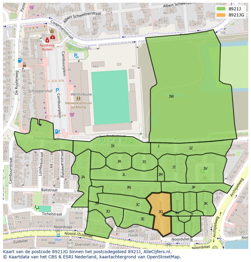 Afbeelding van het postcodegebied 8921 JG op de kaart.