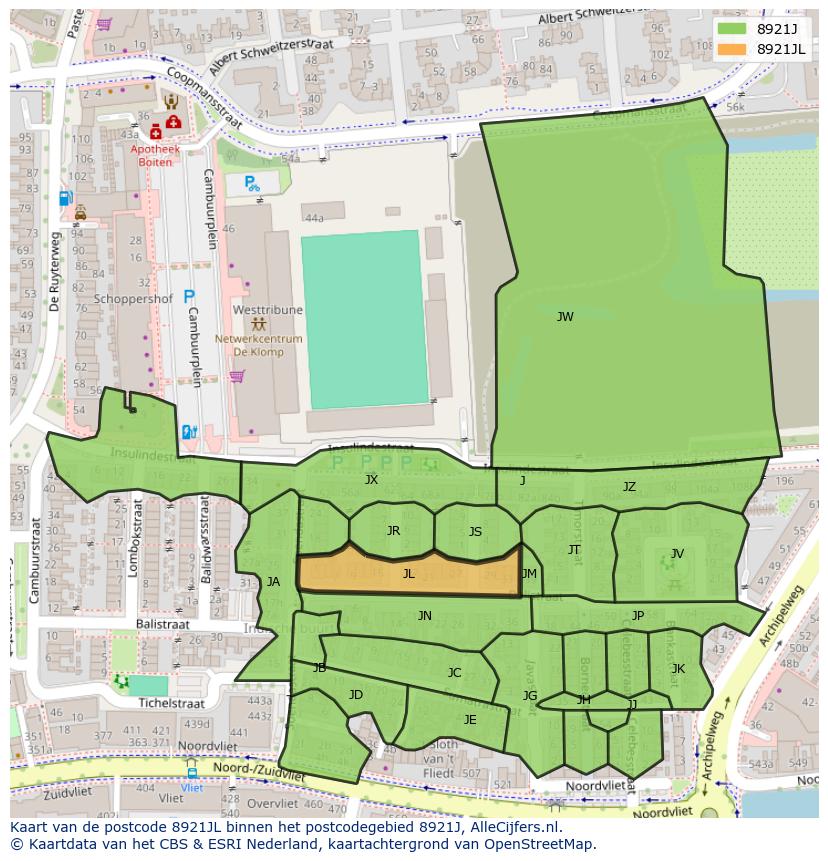 Afbeelding van het postcodegebied 8921 JL op de kaart.