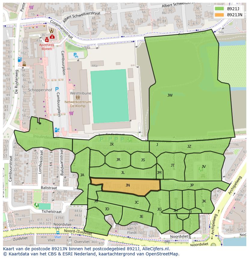 Afbeelding van het postcodegebied 8921 JN op de kaart.