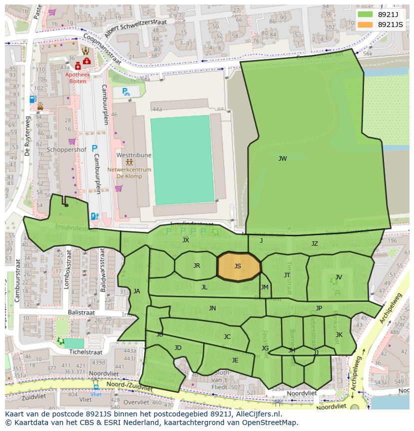 Afbeelding van het postcodegebied 8921 JS op de kaart.