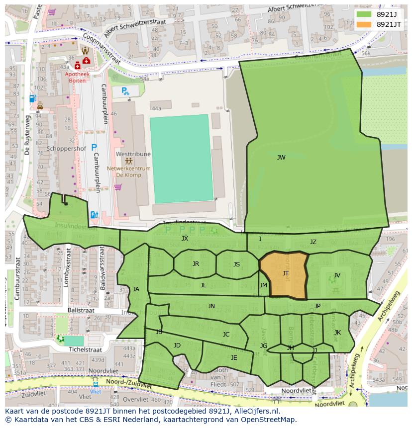 Afbeelding van het postcodegebied 8921 JT op de kaart.