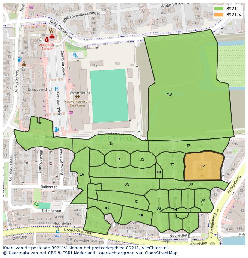 Afbeelding van het postcodegebied 8921 JV op de kaart.