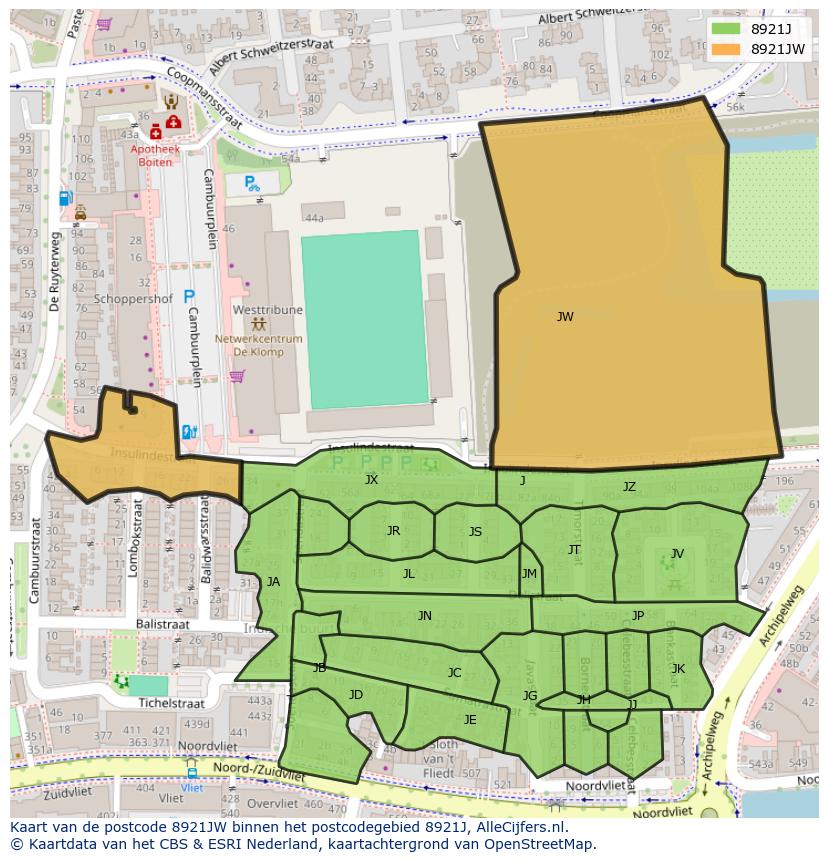 Afbeelding van het postcodegebied 8921 JW op de kaart.