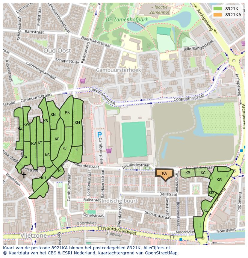 Afbeelding van het postcodegebied 8921 KA op de kaart.