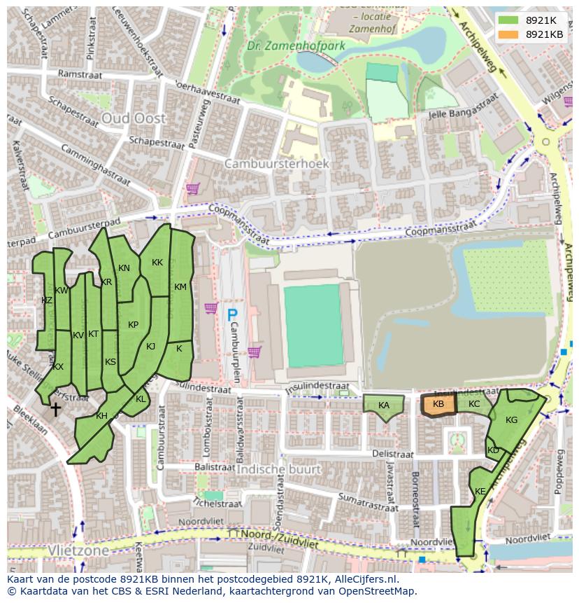 Afbeelding van het postcodegebied 8921 KB op de kaart.
