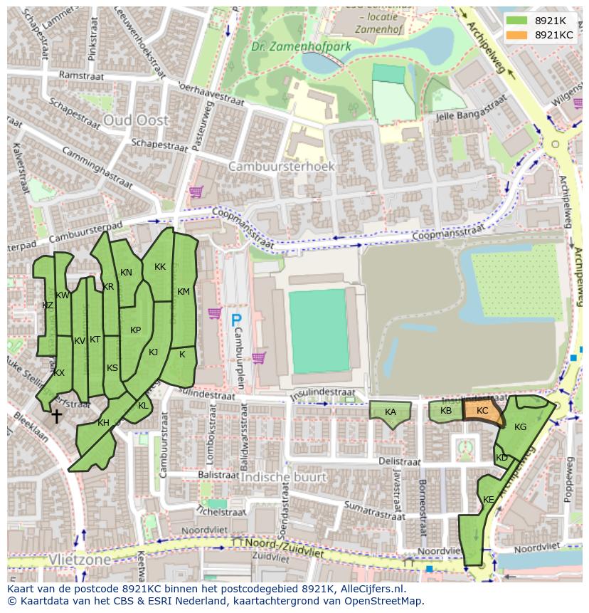Afbeelding van het postcodegebied 8921 KC op de kaart.