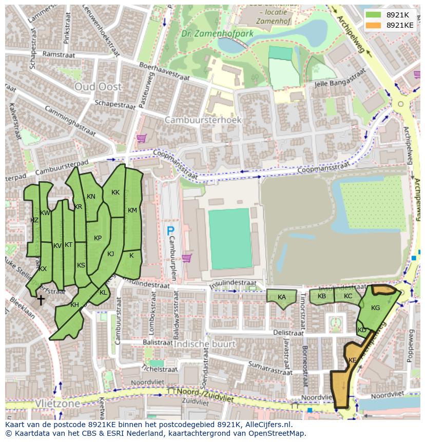 Afbeelding van het postcodegebied 8921 KE op de kaart.